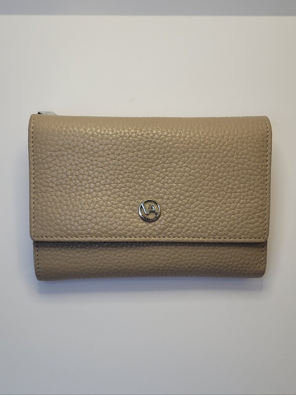 Valentina Taupe Pebbled Leather Trifold Wallet NWOT